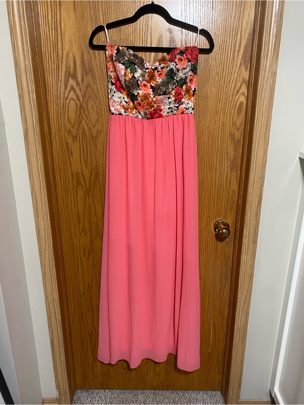 Girls' Coral Maxi Dress with Floral Bodice
